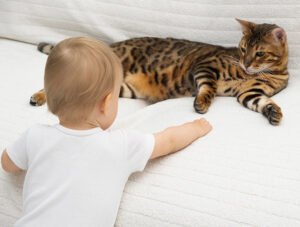 Este niño está tratando de tocar al gato que está tendido en el sofá.